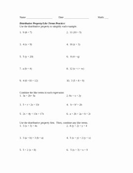 Combining Like Terms Worksheet Answers Fresh Distributive Property and Like Terms Worksheet and Key by