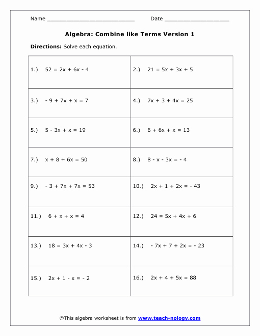 Combining Like Terms Worksheet Answers Inspirational Bine Like Terms Worksheet Version 1