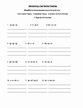 Combining Like Terms Worksheet Answers Lovely Bining Like Terms Practice Worksheet Mon Core