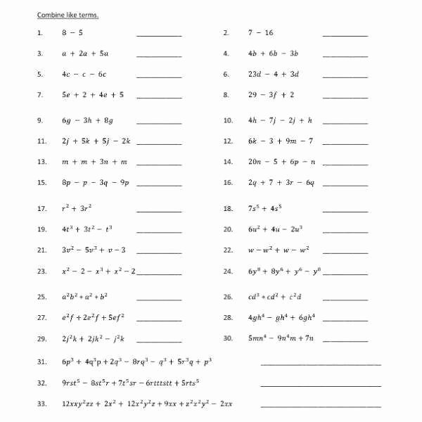 Combining Like Terms Worksheet Answers Luxury Bine Like Terms Worksheet