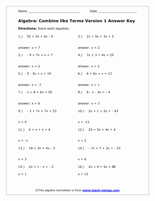 Combining Like Terms Worksheet Answers Luxury Bine Like Terms Worksheet Version 1 Answer Key