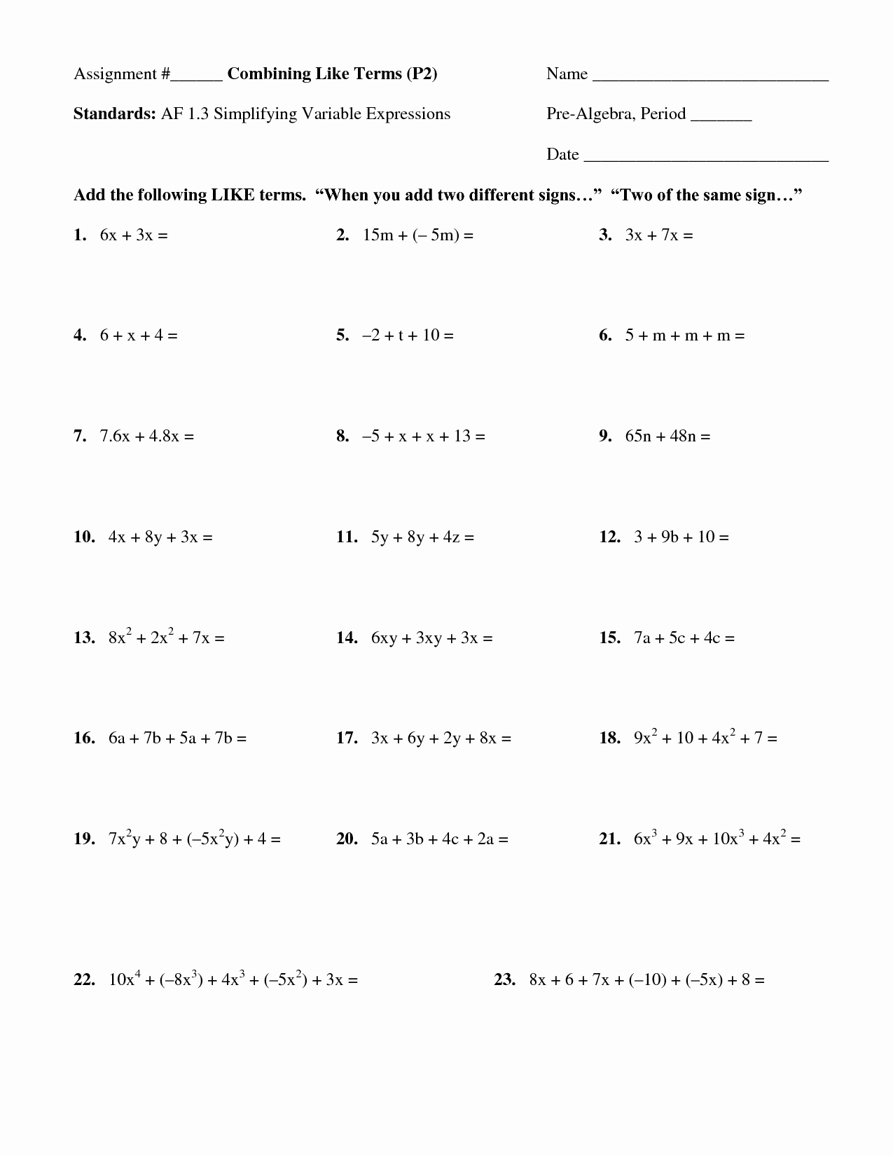 Combining Like Terms Worksheet Inspirational 13 Best Of Bining Like Terms Worksheet Answer