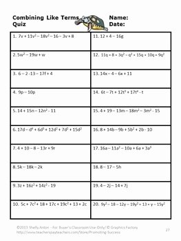 Combining Like Terms Worksheet Pdf Awesome Algebra Task Cards Bining Like Terms Activity 6th 7th
