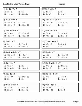 Combining Like Terms Worksheet Pdf Lovely Bining Like Terms Quiz Test assessment Worksheets