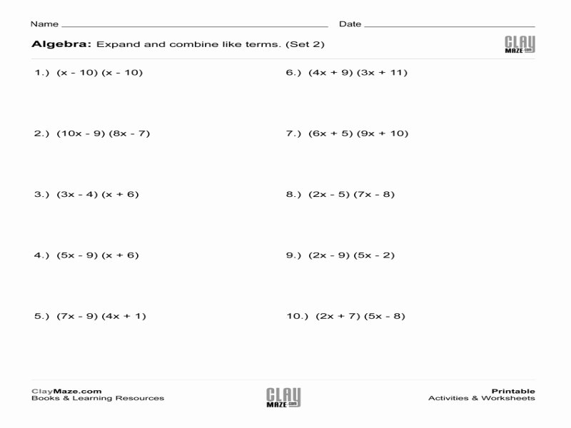 Distribution And Combining Like Terms Worksheet Printable Word Searches