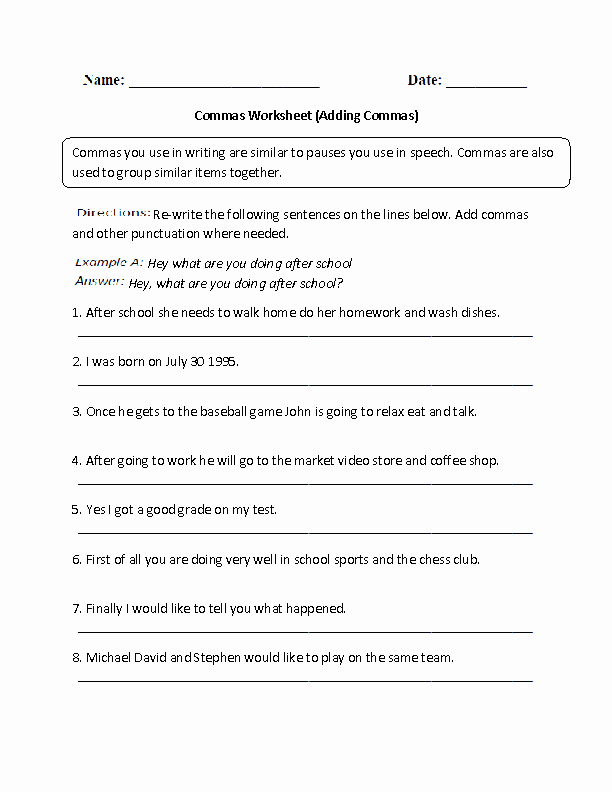 Commas In A Series Worksheet