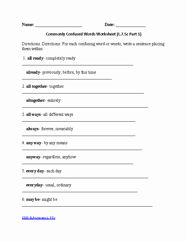 Commonly Confused Words Worksheet Elegant 7th Grade Mon Core