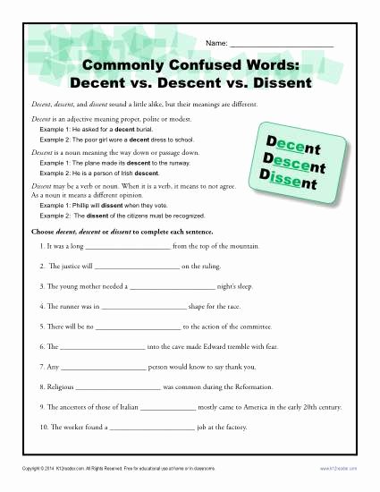 Commonly Confused Words Worksheet Unique Decent Vs Descent Vs Dissent Worksheet