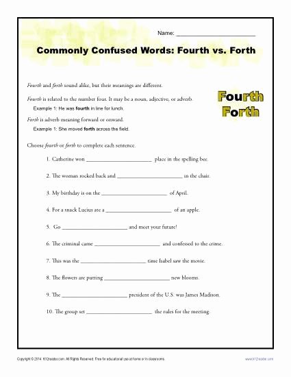 Commonly Confused Words Worksheet Unique Fourth Vs forth Worksheet