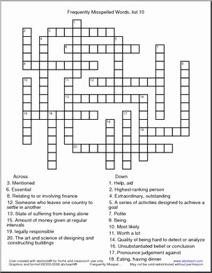 Commonly Misspelled Words Worksheet Awesome Frequently Misspelled Words List 10 Crossword I Abcteach