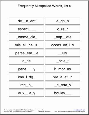 Commonly Misspelled Words Worksheet Awesome Frequently Misspelled Words List 5 Missing Letters I