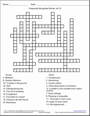 Commonly Misspelled Words Worksheet Lovely Frequently Misspelled Words List 13 Crossword I Abcteach
