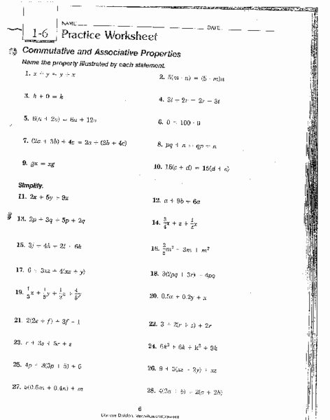 Commutative and associative Properties Worksheet Best Of 1 6 Practice Worksheet Mutative and associative
