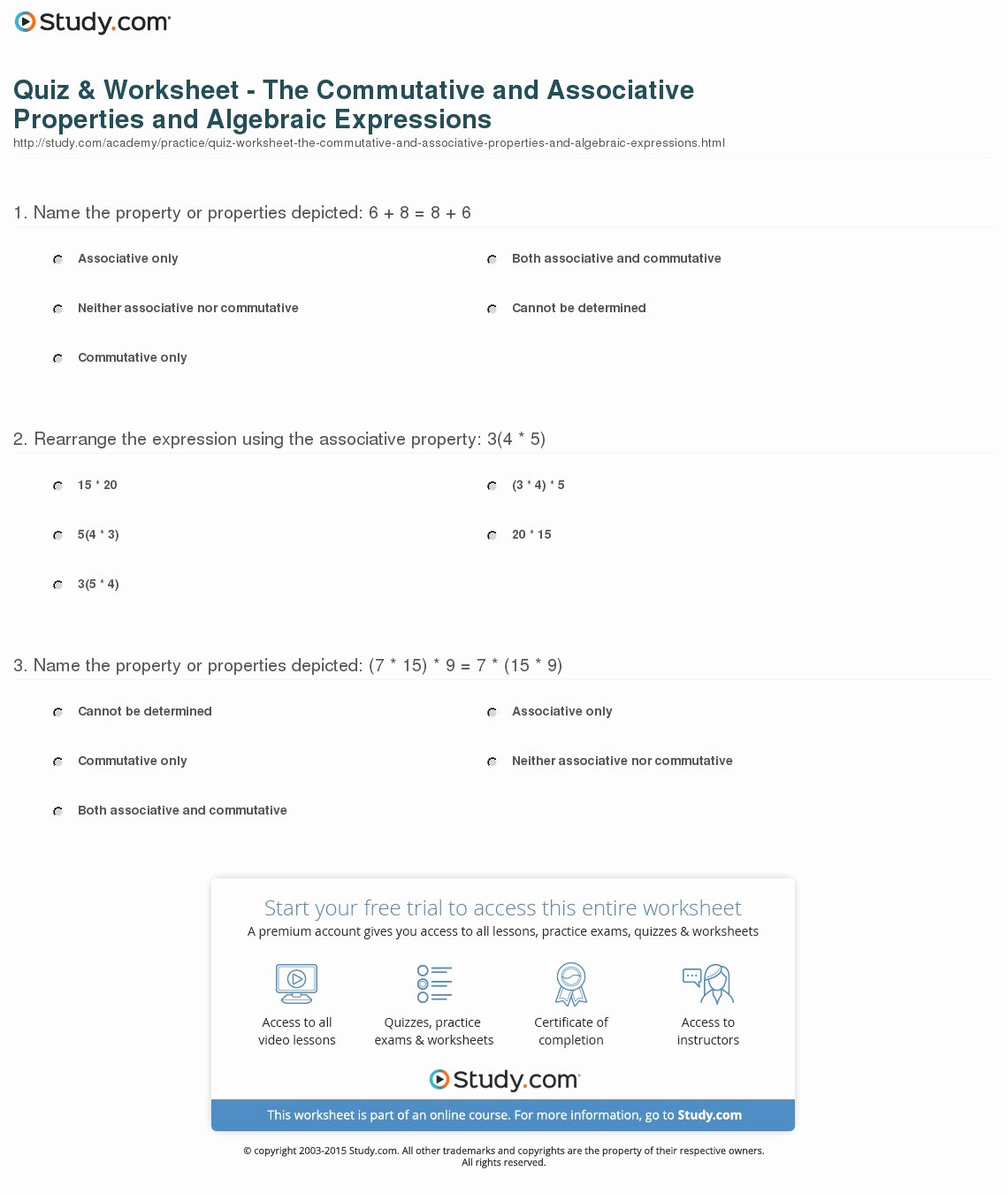Commutative and associative Properties Worksheet Inspirational Quiz &amp; Worksheet the Mutative and associative