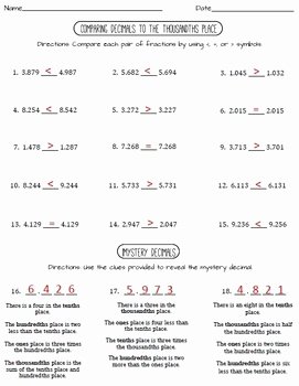 Comparing Fractions and Decimals Worksheet Best Of Paring Decimals to the Thousandths Place Worksheet
