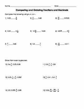Comparing Fractions and Decimals Worksheet Fresh Paring and ordering Fractions and Decimals Worksheet