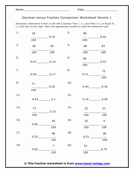 Comparing Fractions and Decimals Worksheet Luxury Decimal Versus Fraction Parison Worksheet Version 1