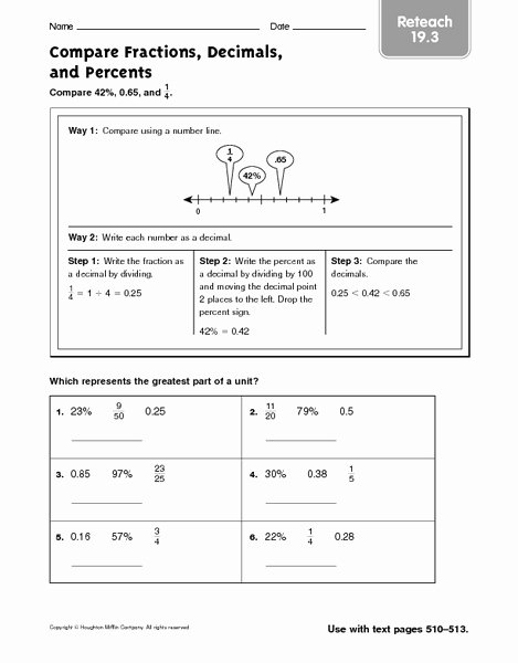 Comparing Fractions and Decimals Worksheet Luxury Pare Fractions Decimals and Percents Reteach