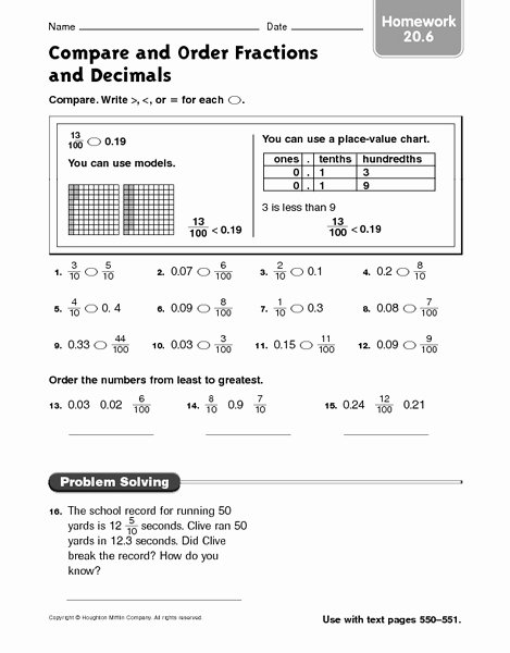 Comparing Fractions and Decimals Worksheet New Pare and order Fractions and Decimals Homework 20 6