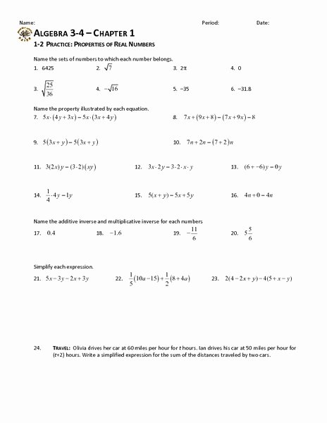 Comparing Rational Numbers Worksheet Inspirational 1 2 Practice Properties Of Real Numbers Worksheet for