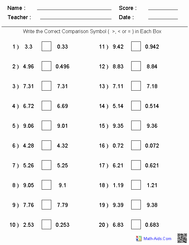 Comparing Rational Numbers Worksheet Inspirational Greater Than Less Than Worksheets Math Aids