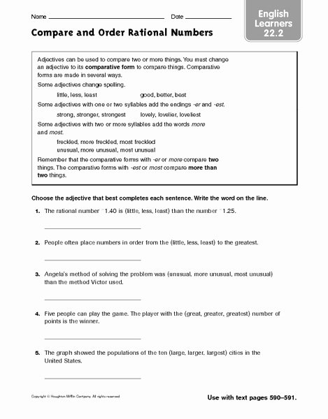 Comparing Rational Numbers Worksheet Lovely Pare and order Rational Numbers Ell Worksheet for 4th