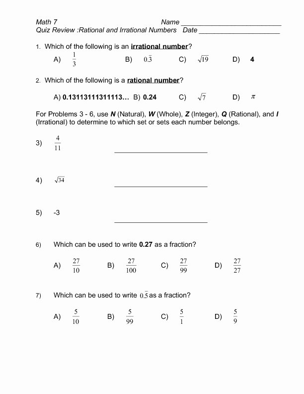 Comparing Rational Numbers Worksheet Lovely Quiz Review Rational and Irrational Numbers Worksheet for