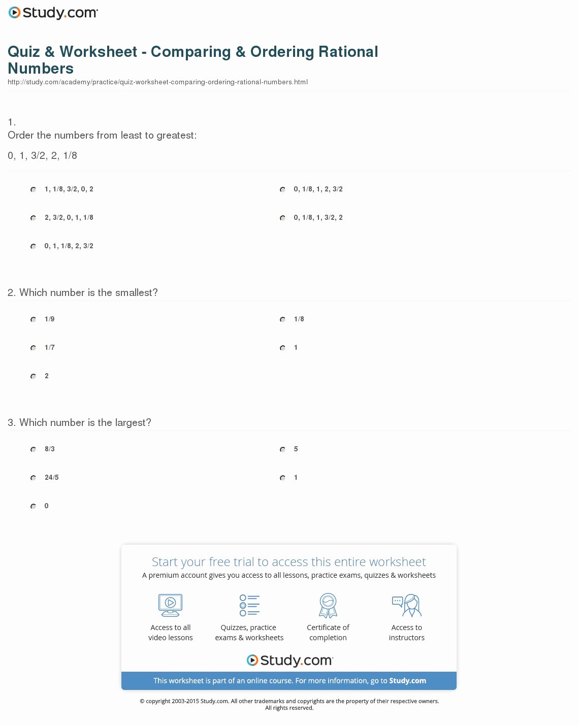 Comparing Rational Numbers Worksheet Unique Quiz &amp; Worksheet Paring &amp; ordering Rational Numbers