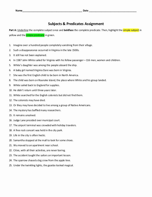 Complete Subject and Predicate Worksheet Best Of Subjects and Predicates assign