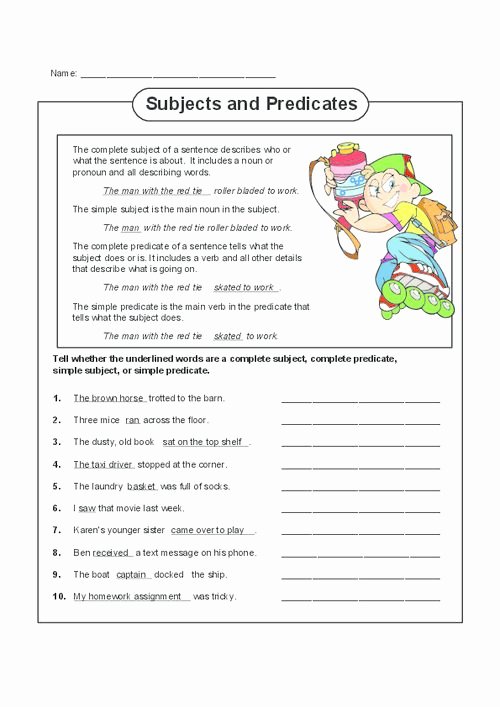 Complete Subject and Predicate Worksheet Unique Free Printable Subjects and Predicates Worksheet