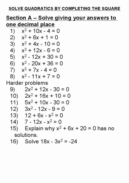 Complete the Square Worksheet Best Of Pleting the Square Worksheet