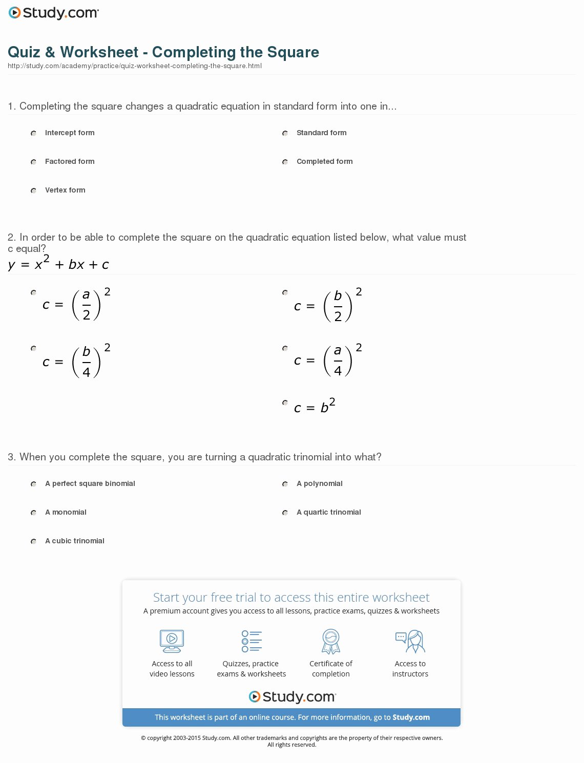 Complete the Square Worksheet Best Of Quiz &amp; Worksheet Pleting the Square