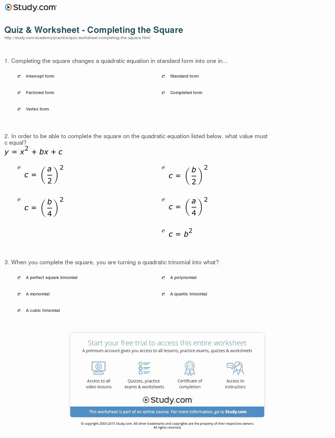 Complete The Square Worksheet