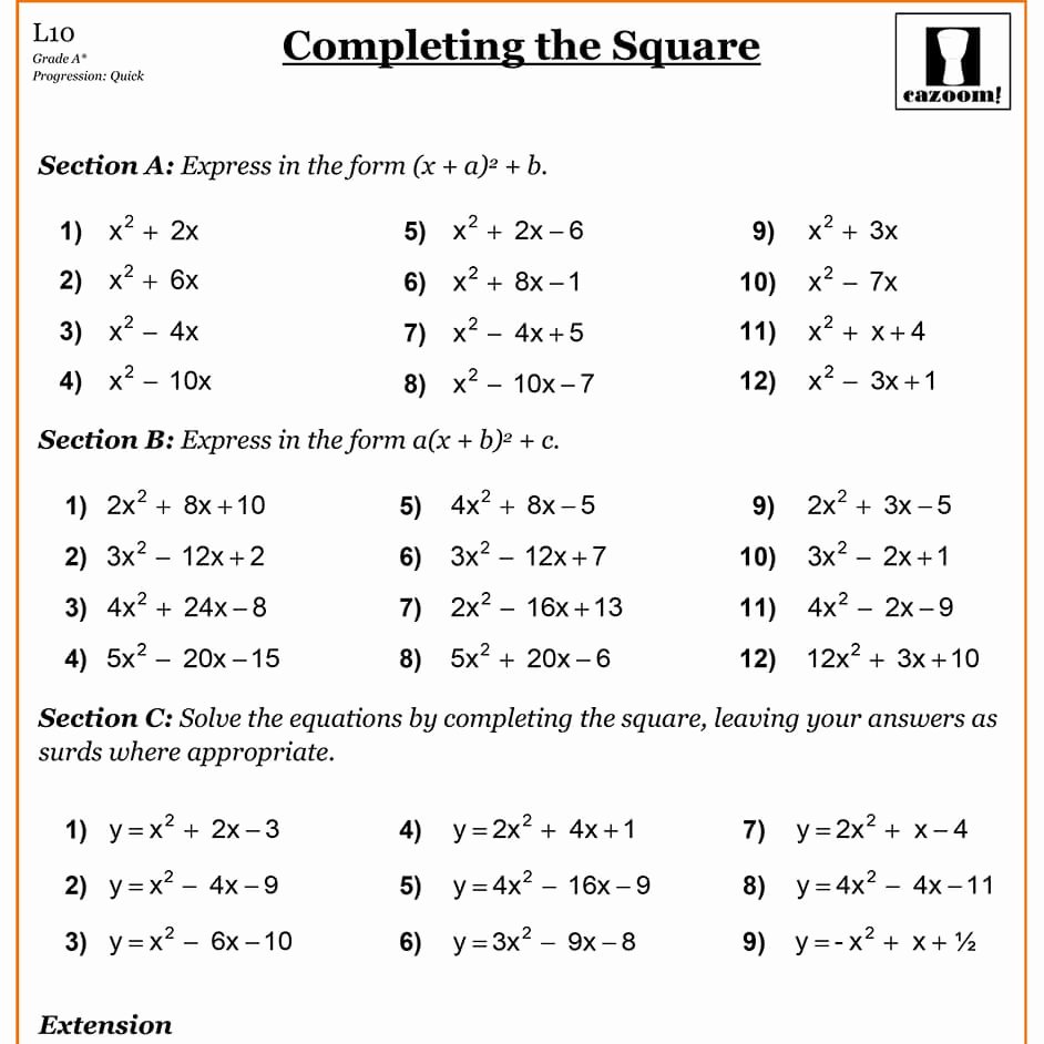 Complete the Square Worksheet Elegant Pleting the Square
