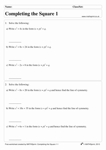 Complete the Square Worksheet Elegant Pleting the Square Practice Questions solutions by