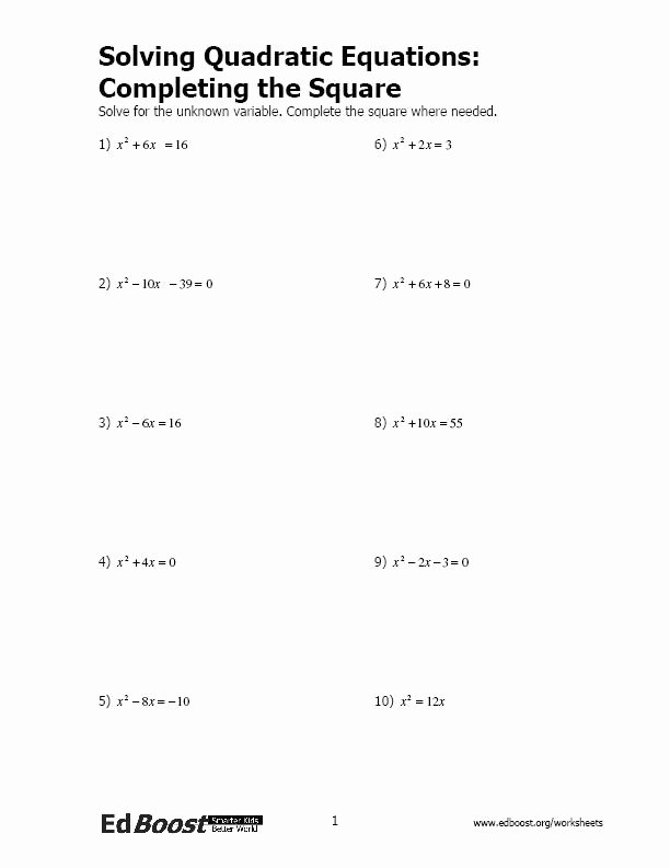 Complete the Square Worksheet Unique solving Quadratic Equations Pleting the Square