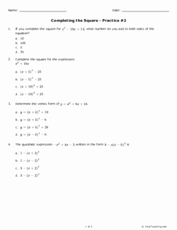 Completing the Square Practice Worksheet Awesome Pleting the Square Practice 2 Grade 10 Free