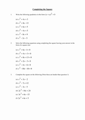 Completing the Square Worksheet Beautiful Pleting the Square by Phildb Teaching Resources Tes