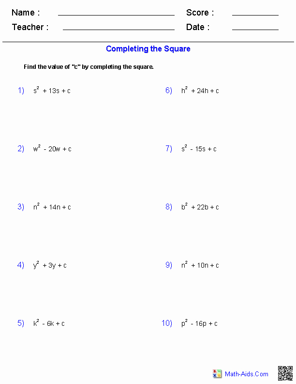 Completing the Square Worksheet Best Of Algebra 1 Worksheets
