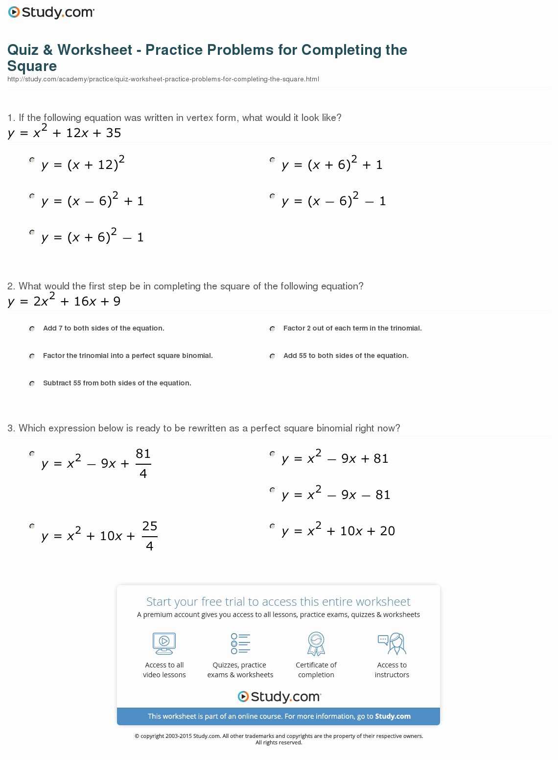 quiz worksheet practice problems for pleting the square