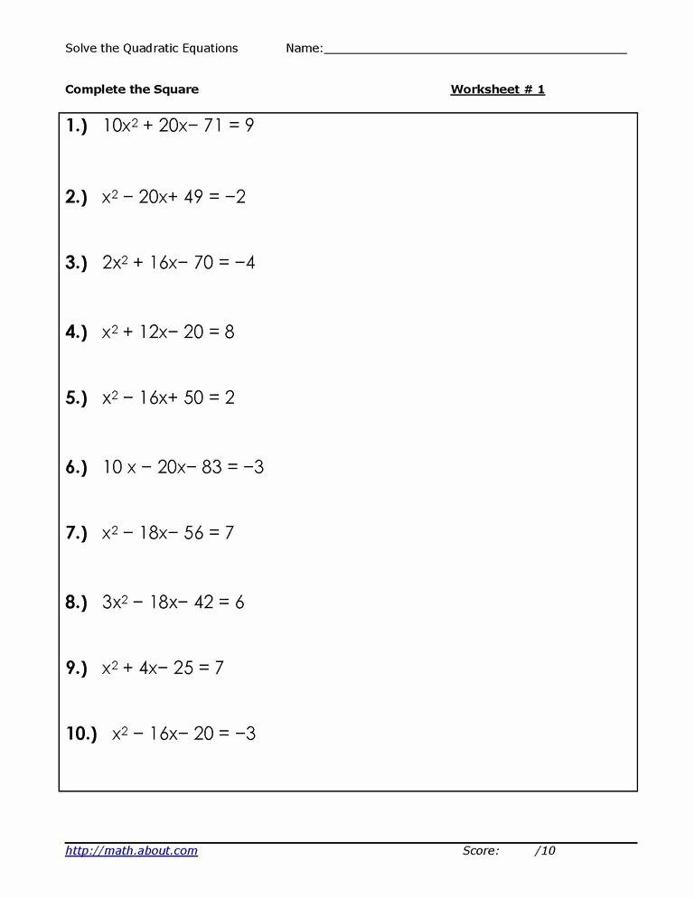 Completing the Square Worksheet Inspirational solve Quadratic Equations by Peting the Square Worksheets