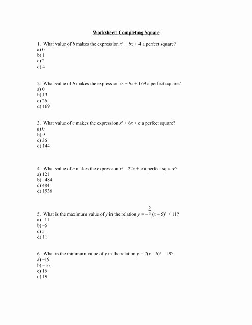 Completing the Square Worksheet Unique Worksheet Pleting Square 1 What Value Of B Makes the
