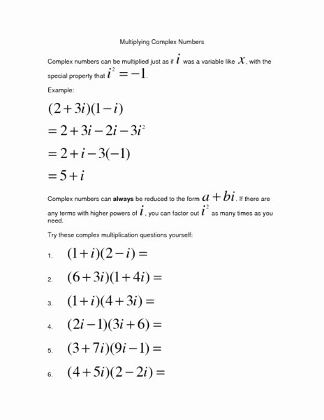 Complex Numbers Worksheet Answers