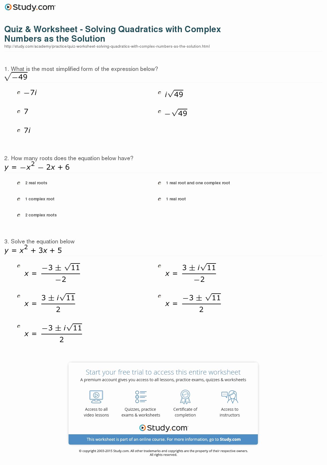 Complex Numbers Worksheet Answers Awesome Quiz &amp; Worksheet solving Quadratics with Plex Numbers