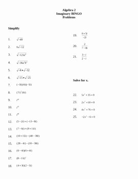 Complex Numbers Worksheet Answers Best Of Imaginary Numbers Bingo by Lexie