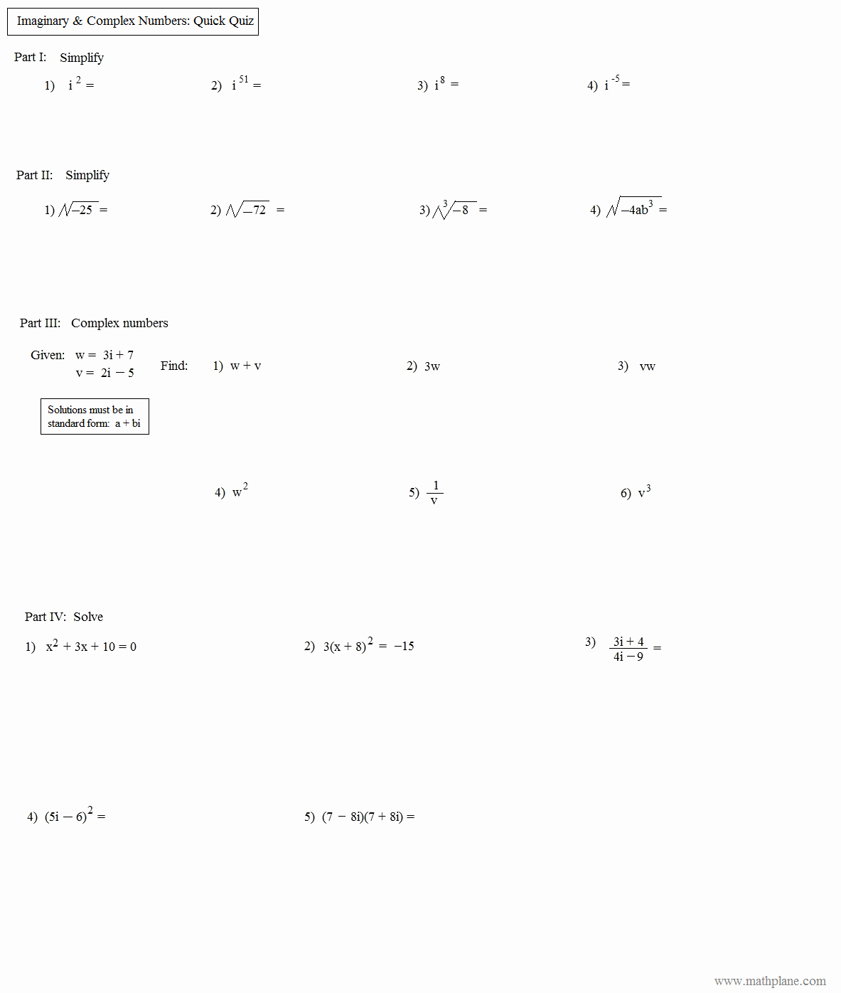 Complex Numbers Worksheet Answers Unique Math Plane Imaginary and Plex Numbers