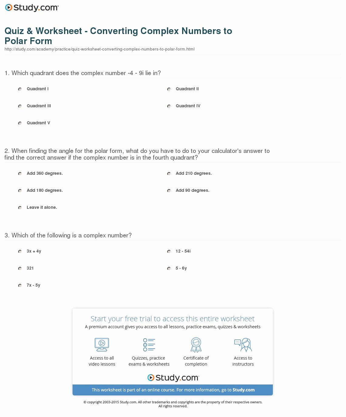 Complex Numbers Worksheet Answers Unique Quiz &amp; Worksheet Converting Plex Numbers to Polar