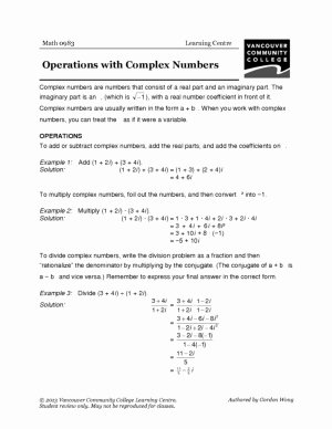 Complex Numbers Worksheet Pdf Fresh Vcc Lc Worksheets Math Math 12
