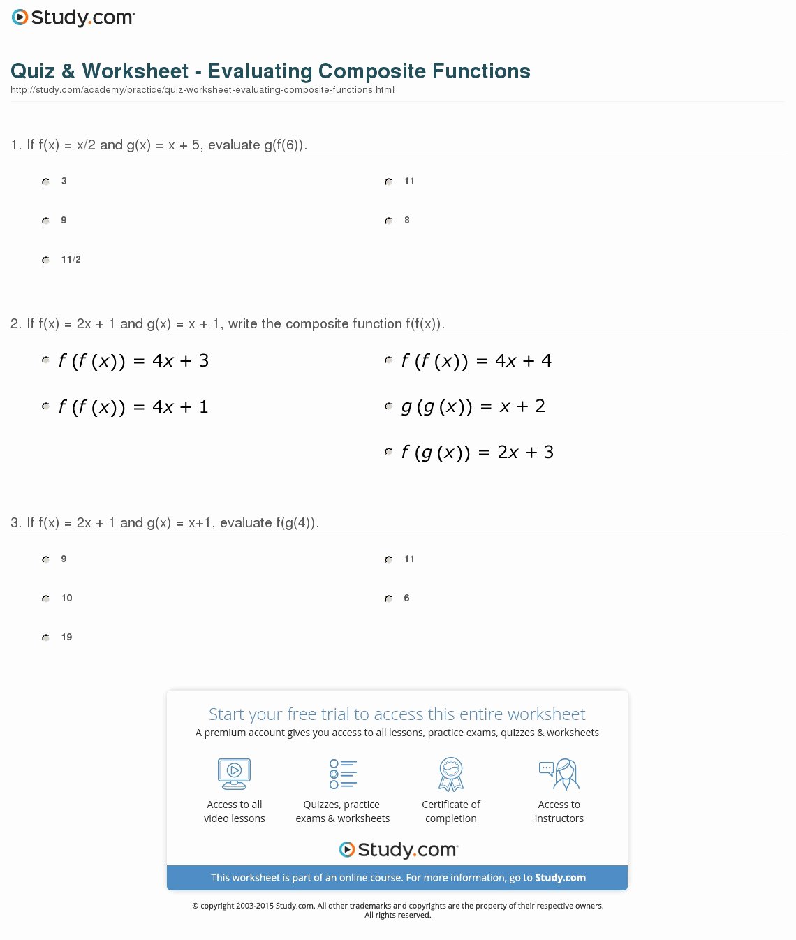 quiz worksheet evaluating posite functions