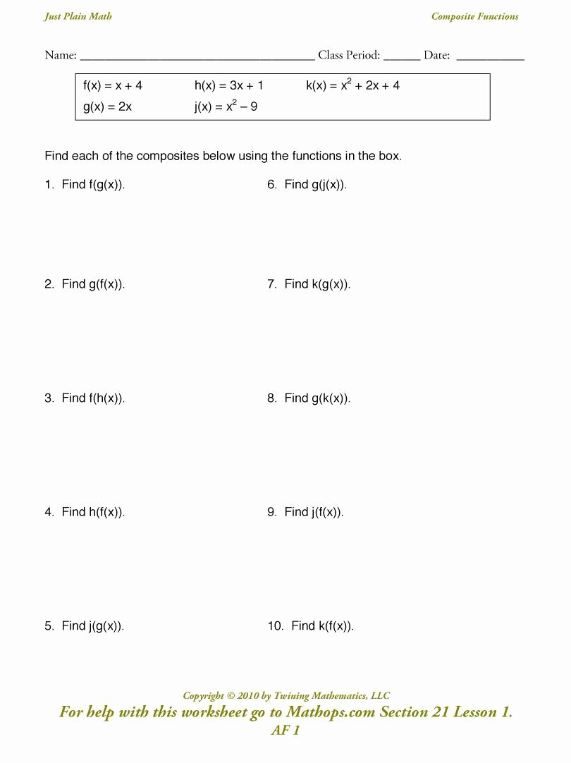 Composite Function Worksheet Answer Key Inspirational Fog Gof Worksheet Algebra
